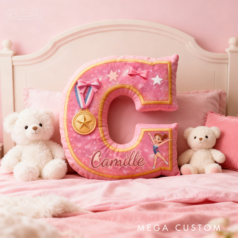 Personalized Graphic 3D Print Gliiter Style Sweet Gymnastic Alphabet Shaped Pillow for Gymnastic Lovers Initial Pillow Christmas Gift for Kids
