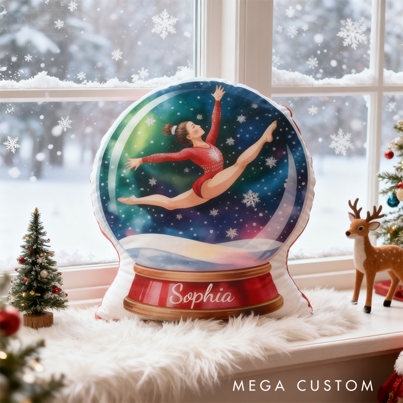 Personalized Watercolor Gymnastic Snow Globe Shaped Pillow for Gymnastic Lovers Pillow Christmas Gift for Kids