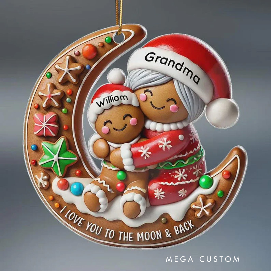 Personalized I Love You to the Moon and Back Christmas Ornament Gingerbread Grandma and Grandchild Moon Ornament for Family Acrylic Christmas Keepsake Baking Lover Christmas Gift