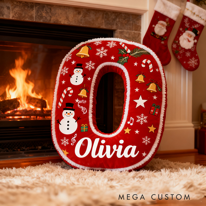 Personalized Name Festive Christmas Letter Pillow Red and Green Design Snowflakes Bells and Holiday Cheer Graphic 3D Print Pillow