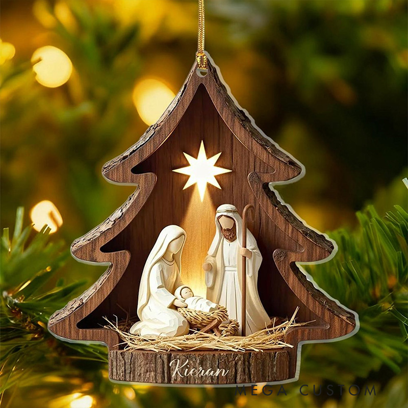 Personalized Nativity Scene Christmas Tree Acrylic Christian Ornament with Family Name Holiday Tree Decor Religious Gift Christmas Gift for Christian