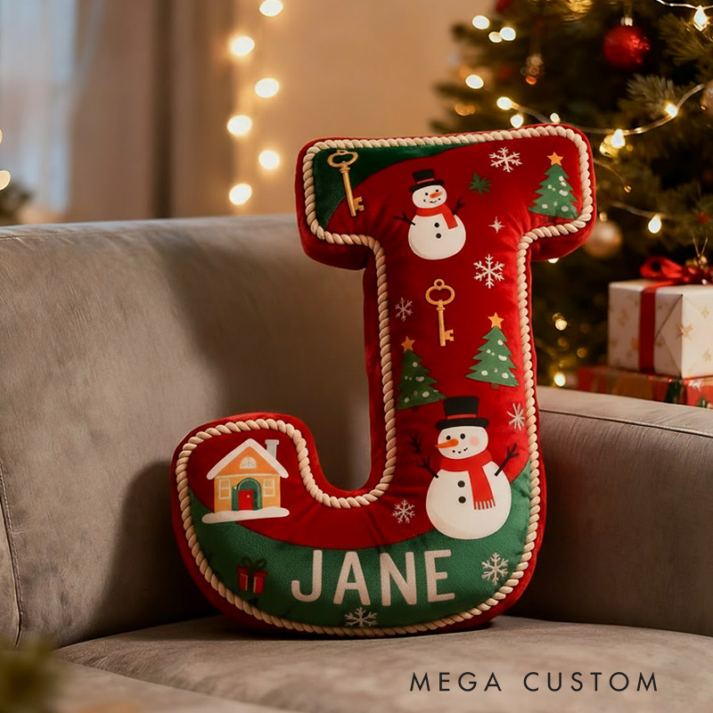 Personalized Christmas Initial Pillow Graphic 3D Print Custom Name Pillow Holiday Gift Cozy Home Accent Soft Cushion Gift for Kids Family