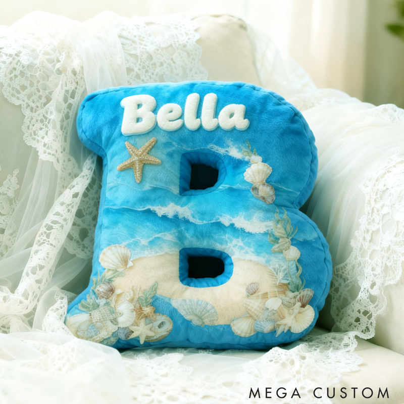 Personalized Seaglass Style Initial Pillow Custom Ocean Style Letter Pillow 3D Graphic Print Home Decor Throw Pillow for Girl Friend Beach Keepsake Pillow