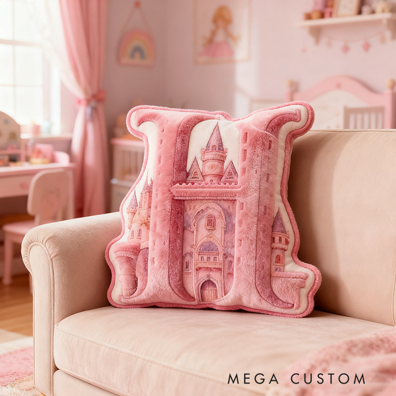 Personalized Pink Letter Christmas gift Pillow with Fairy Tale Castle Design Pink Fantasy Theme Dreamy Princess Style Graphic 3D Print Pillow