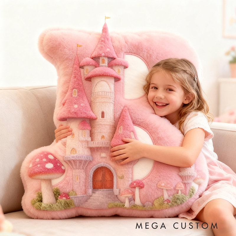 Personalized Letter Pillow with Mushroom House Design Pink Fairy Tale Theme Enchanted Tower and Magical Decorative Touch Graphic 3D Print Pillow