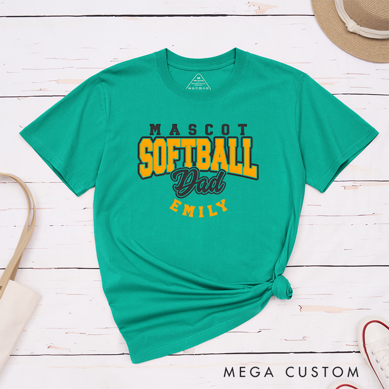 Personalized Softball Dad T-Shirt Design Featuring Custom Team Name Player Name Bold Typography and Stylish Script Accent