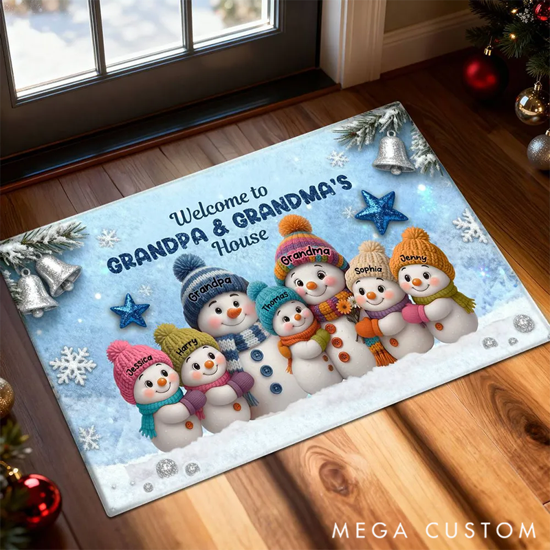 Personalized Christmas Snowman Welcome to Grandma Grandpa House Doormat