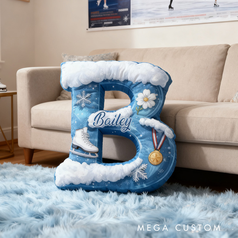 Personalized Graphic 3D Print Snowy Ice Skating Alphabet Shaped Pillow for Ice Skate Lovers Initial Pillow Christmas Gift for Kids