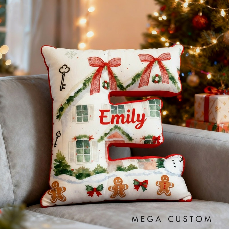 Personalized Initial Pillow Custom Name Christmas House Pillow Holiday Gift Cozy Home Soft Cushion Gift for Kids Family Housewarming Gift