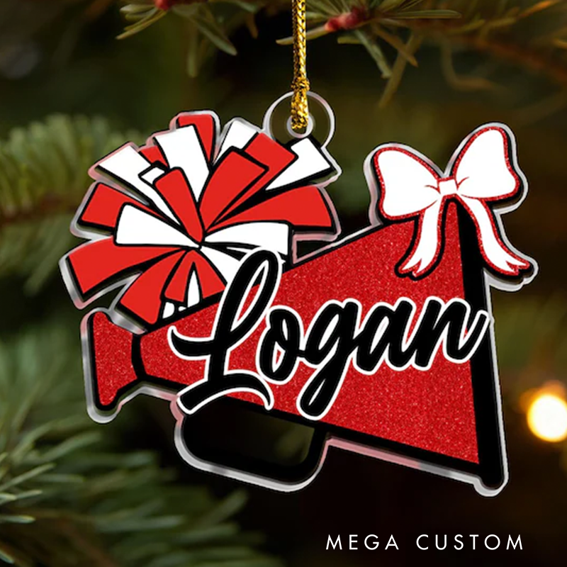 Personalized Acrylic Cheerleading Christmas Ornament with Custom Name, Megaphone, and Bow Design