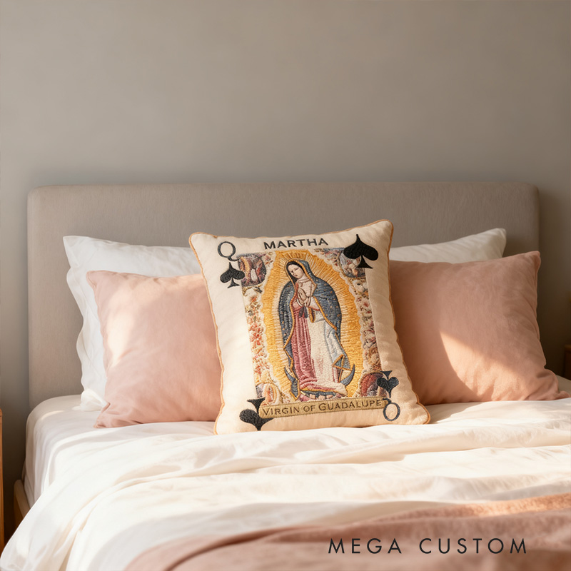 Personalized Virgin of Guadalupe Holy Playing Card Pillow with Custom Name Home Decor Unique Religious Gift Catholic Saints Deck Graphic 3D Print