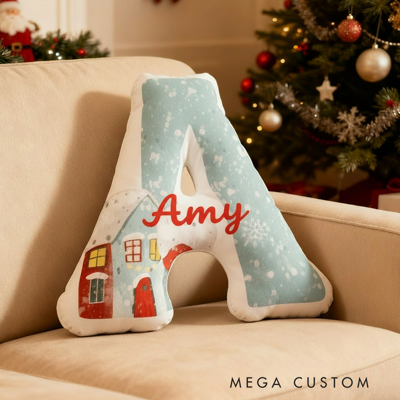 Personalized Initial Pillow with Winter Snowy Houses Custom Name Christmas House Pillow Gift for Kids Family Housewarming Gift