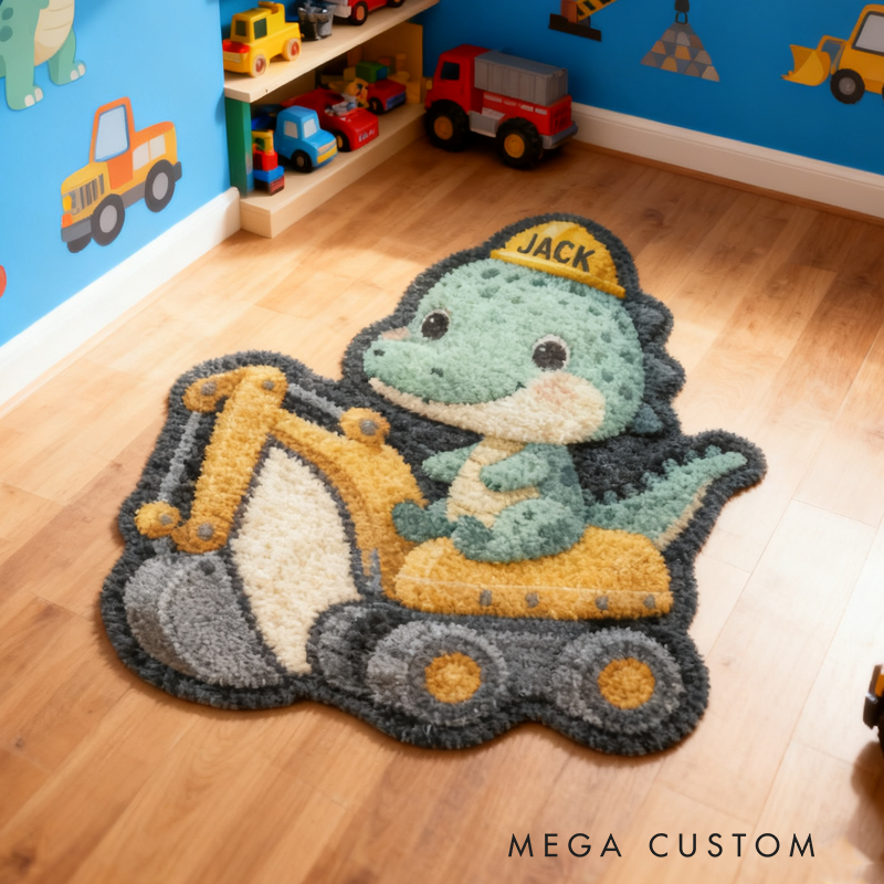 Personalized Cartoon Dinosaur Excavator with Name Soft Rug Christmas Gift for Kids Rug Birthday Gifts for Kids