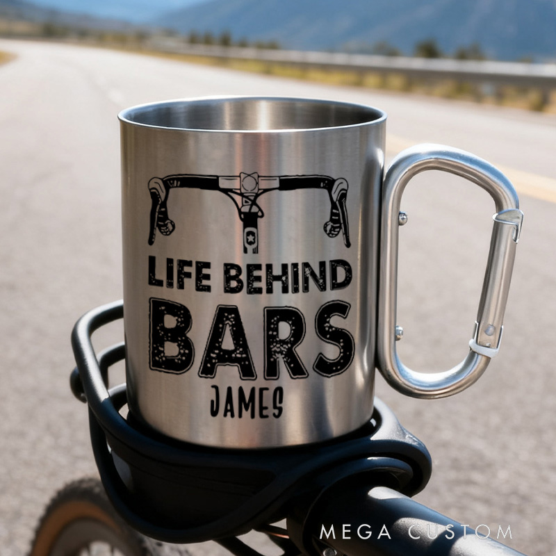 Personalized Riding Escape Hiking Carabiner Life Behind Bar Travel Holiday Camping Stainless Steel Mug Adventure Coffee Cup Tea Mug Gift Birthday for Cycling Riding Lovers