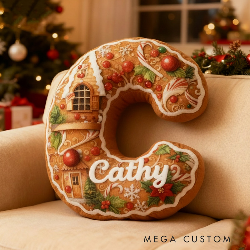 Personalized Initial Pillow Gingerbread House Custom Name Christmas House Pillow Gift for Kids Family Housewarming Gift