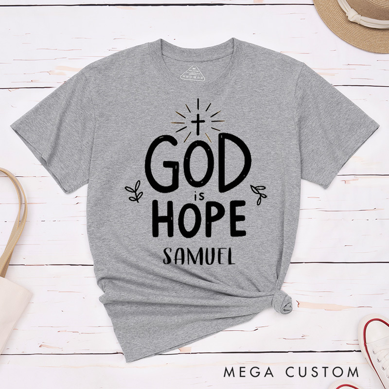 Personalized God Is Hope Classic T-Shirt with Name Small Leaf Christian Shirt Faith Based Shirt Gift for Christians