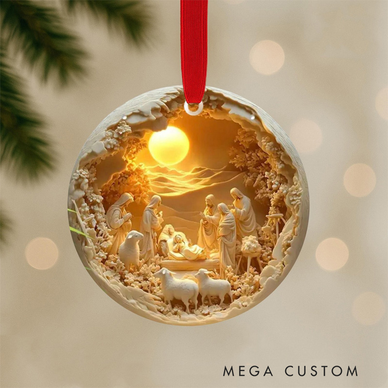 Personalized Nativity Scene Ornament with Name Holy Family Christmas Keepsake Gift 3DEffect Flat Ornament Not Glass Globe Religious Gift for Christmas