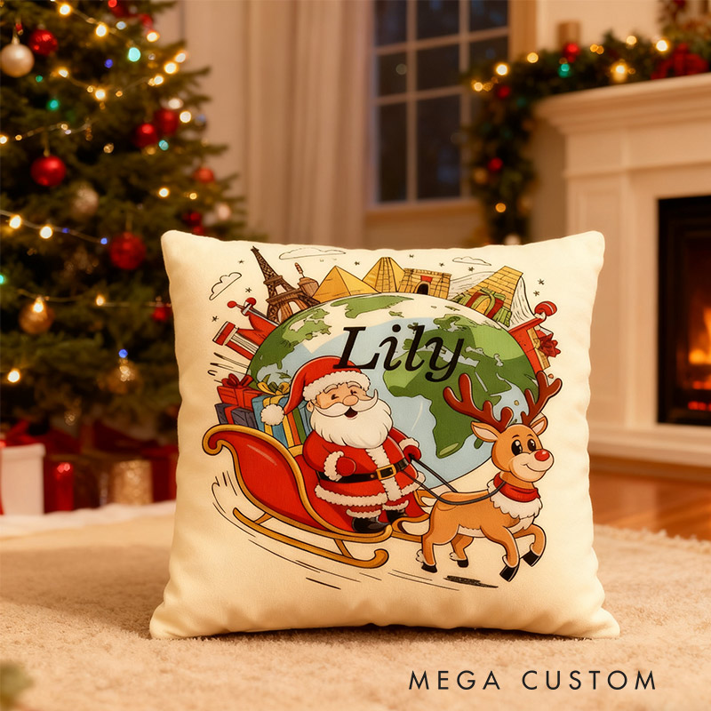 Personalized Santa’s Globe-Trotter Pillow Graphic 3D Print Pillow for Travel Lovers