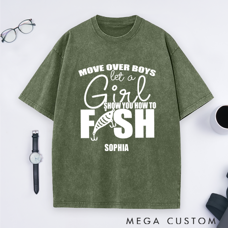Personalized Fishing Custom Name T-Shirt Funny Move Over Boys Sweatshirt Soft Cotton Perfect Gift for Female Fishing Enthusiasts