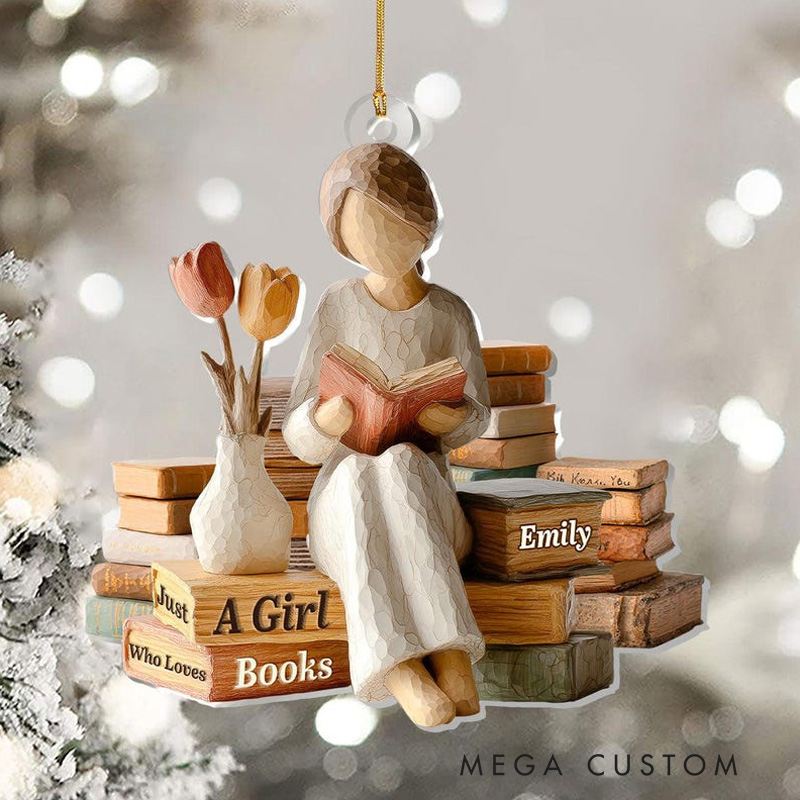 Personalized Just a Girl Who Loves Books Acrylic Christmas Ornament Cozy Reading Vibes Decor with Name Reader Gift for Bookworms Librarians