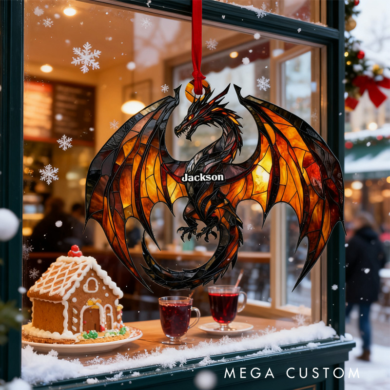 Personalized Dragon Flying 2D Flat Acrylic Christmas Ornament Dragon Xmas Decor with Name Reader Gift for Fantasy Book Lover Bookworms Librarians