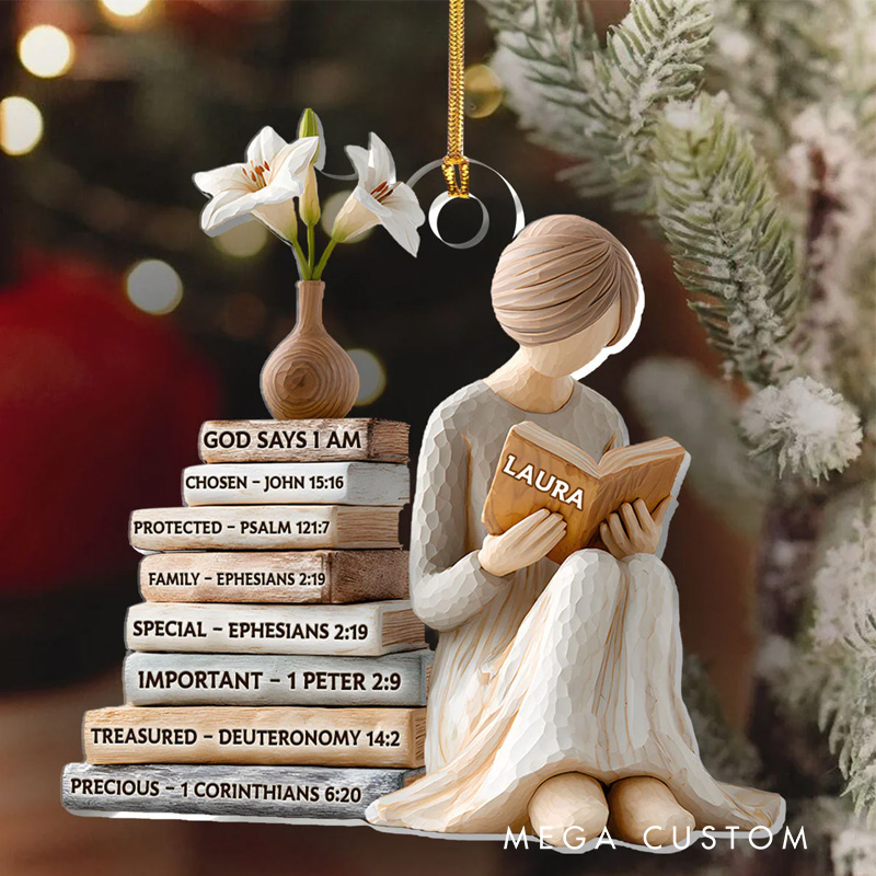 Personalized God Says I am 2D Flat Acrylic Christmas Ornament Reading Girl Xmas Decor with Name Reader Gift for Fantasy Book Lover Bookworms Librarians