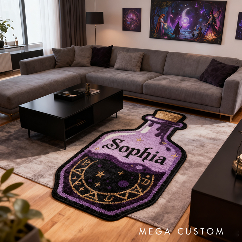 Personalized Magic Potion Bottle Rug Soft Plush Design with Mystical Purple Tones Celestial Symbols Custom Name and Witchy AestheticStyle Gift for Kids