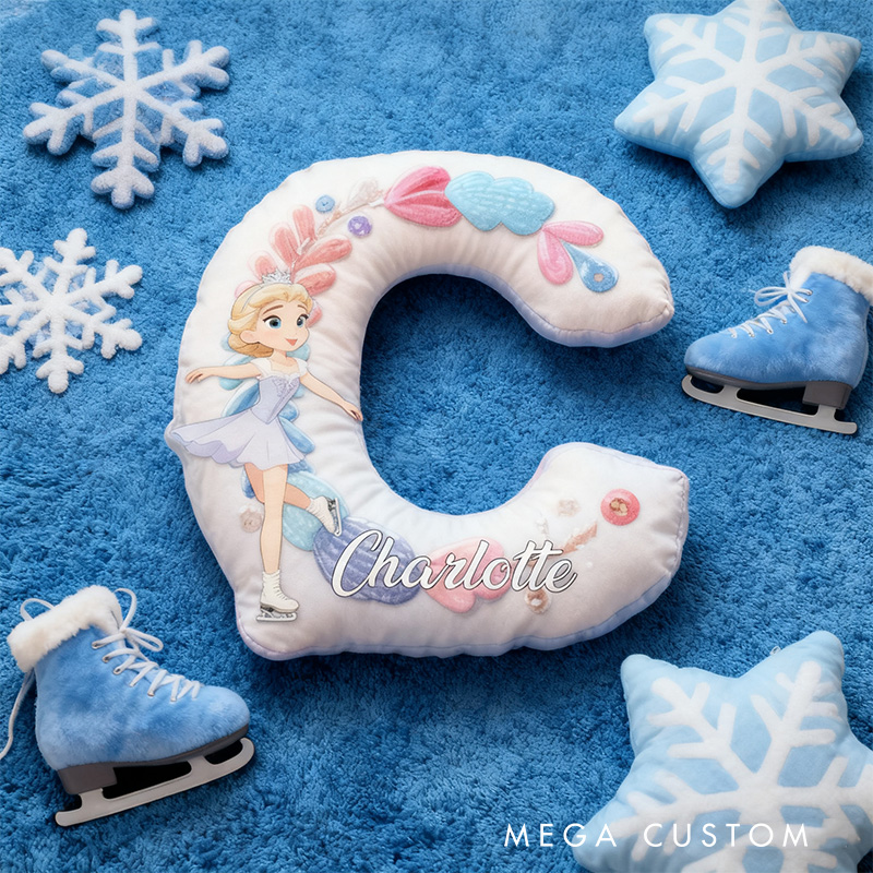 Personalized Graphic 3D Print Cartoon Ice Skating Girl Alphabet Shaped Pillow for Ice Skate Lovers Initial Pillow Christmas Gift for Kids