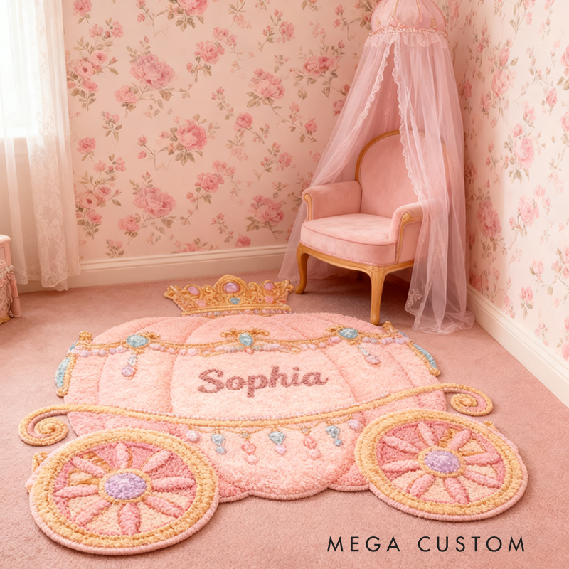 Personalized Princess Carriage Christmas Rug Soft Pink Theme Customizable with a Name Fairytale Style Suitable for Children's Rooms