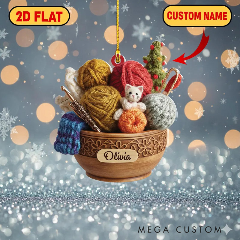 Personalized Crochet Ornament Yarn Bowl Christmas Ornament Acrylic Holiday Decor for Crochet Lover