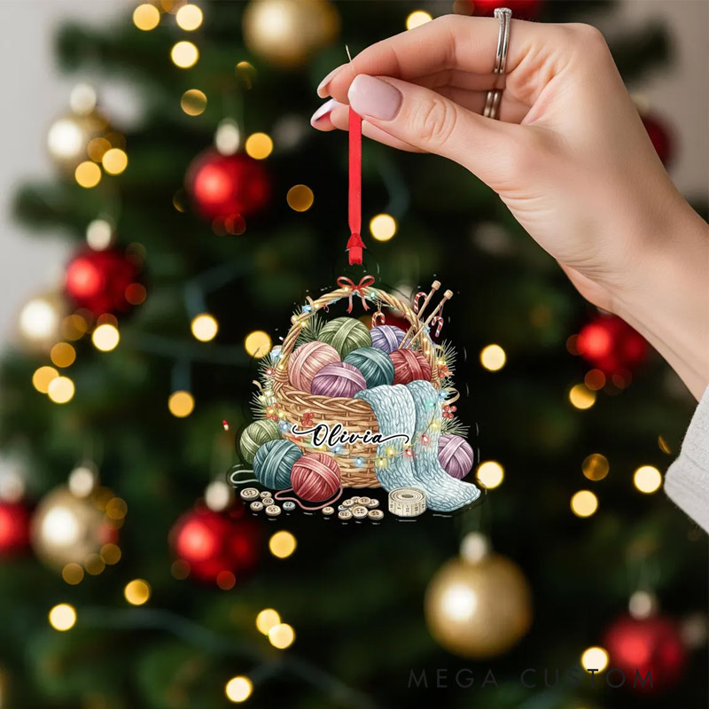  Personalized Christmas Ornament Knitting Basket with Yarn and Needles Hanging Decoration for Crochet Lover