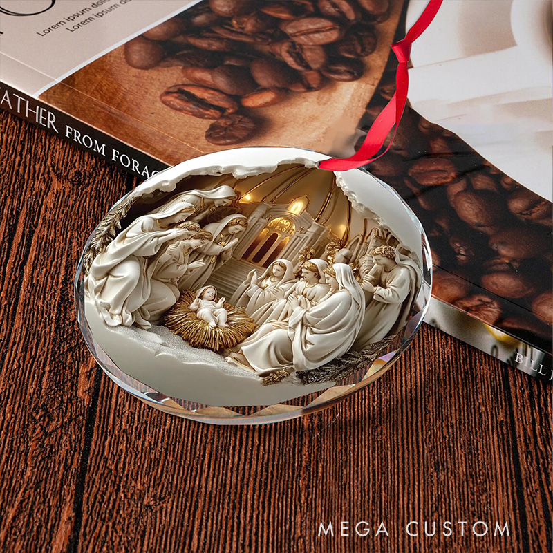 Personalized Nativitys Scene Christmas Round Heart Shaped Glass Ornament with Custom Name Regilious Christmas Tree Decor Christian for Christmas Gift