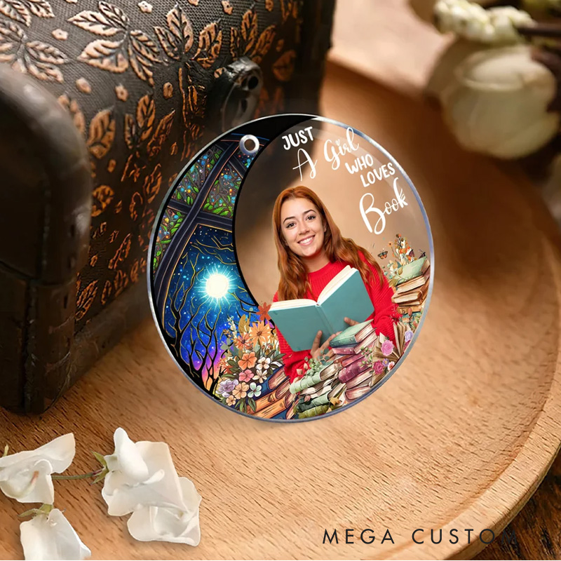 Personalized Just a Girl Who Loves Books Acrylic Ornament with Photo Moon Flower Christmas Gift for Daughter Book Lovers Reader