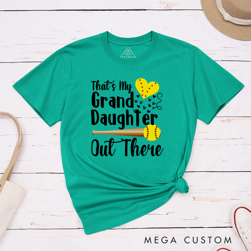 Personalized Softball Support T-Shirt Design Featuring Customizable Text for Granddaughter or Other Titles Bold Typography Heart-Shaped Stitching Graphic Softball Bat and Ball Elements