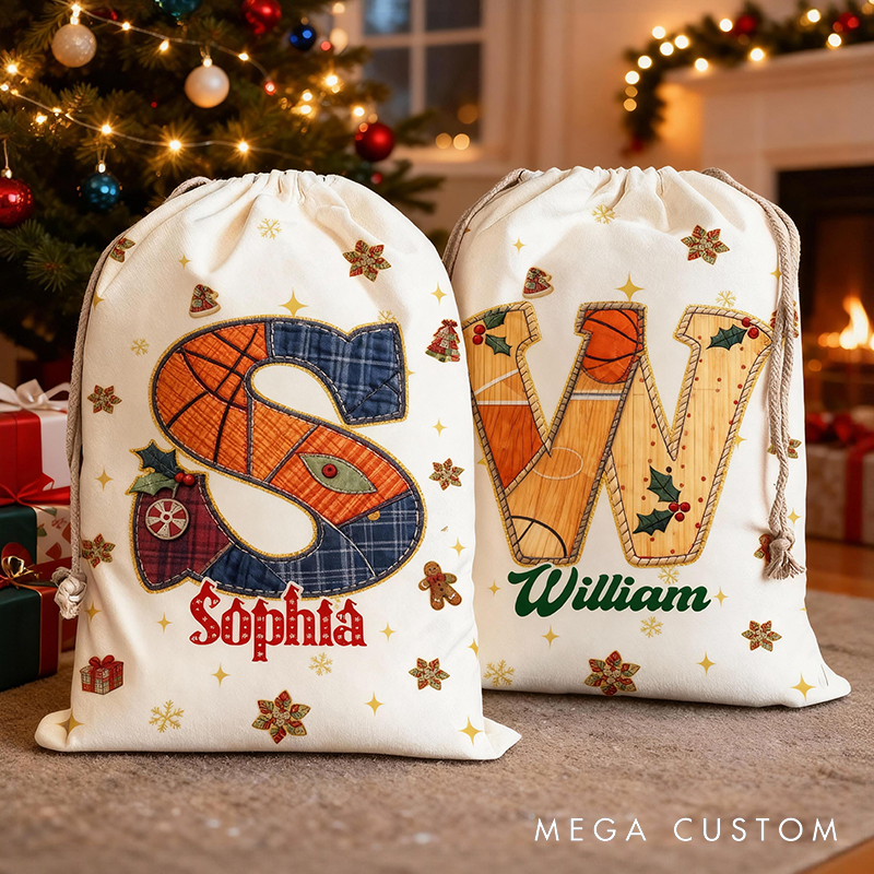 Personalized Christmas Santa Sack Featuring Basketball and Name Initial for Kids