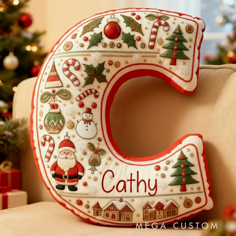Personalized Christmas Initial Pillow Graphic 3D Print Custom Name Pillow Festive Holiday Decor Housewarming Gift for Family and Kids