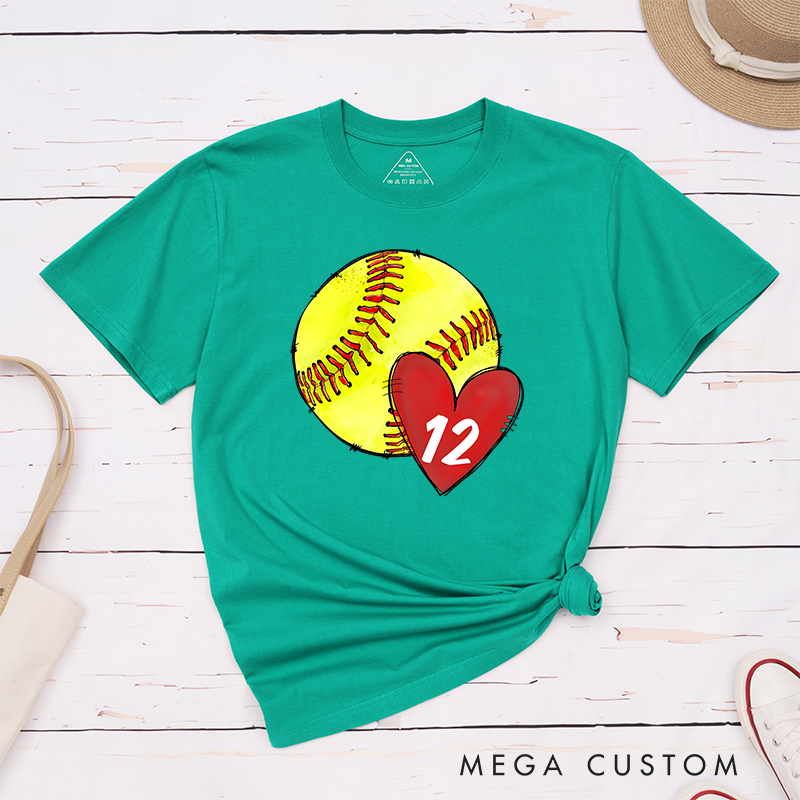 Personalized Softball T-Shirt Design Featuring Hand-Drawn Softball Graphic Heart Element and Customizable Player Jersey Number for a Unique Supportive Look
