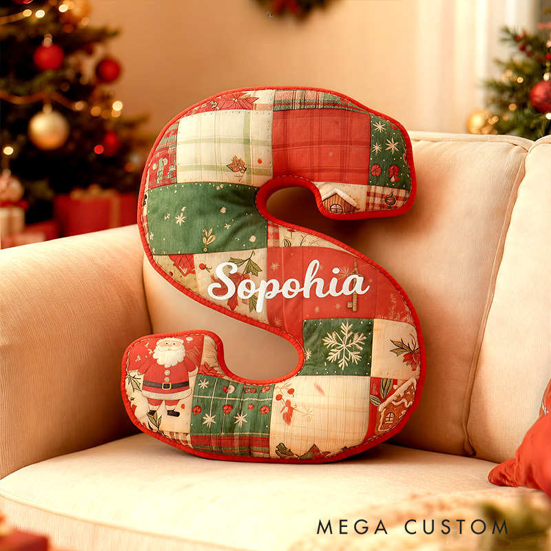 Personalized Initial Pillow Graphic 3D Print Christmas Patchwork Letters Custom Name Pillow Festive Holiday Decor Housewarming Gift for Family and Kids