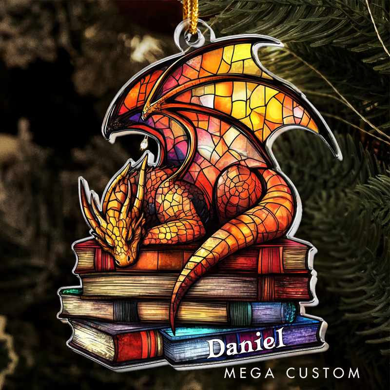 Personalized Dragon Books Acrylic Ornament with Name Christmas Gift for Book Club Librarian Book Lovers Reader