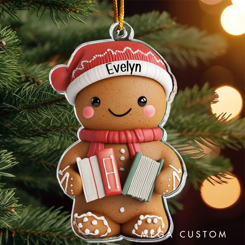 Personalized Reading Gingerbread Acrylic Ornament with Name Christmas Gift for Book Club Librarian Book Lovers Reader
