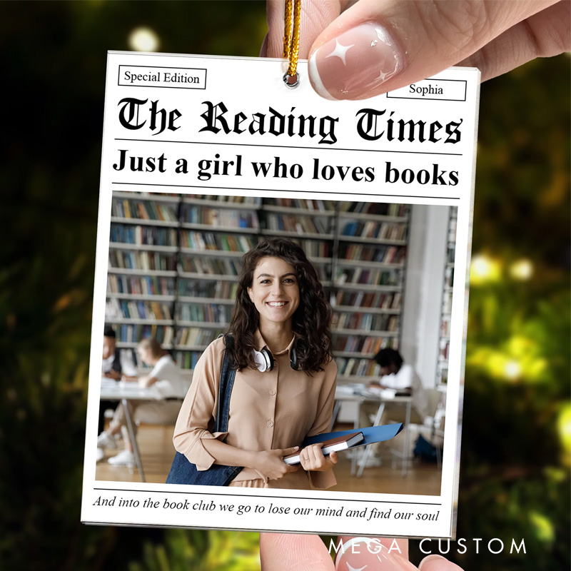 Personalized Just a Girl Who Loves Books Acrylic Photo Ornament with Name the Reading Times Book Lovers Newspaper Christmas Gift for Book Club Librarian Book Lovers