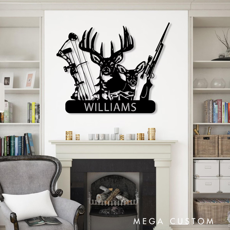Personalized Custom Deer Hunter Metal Sign Bow and Hunting Rifle Sign Deer Hunting Wall Hanging Cabin Sign Husband Hunter Gift Fathers Day Gift