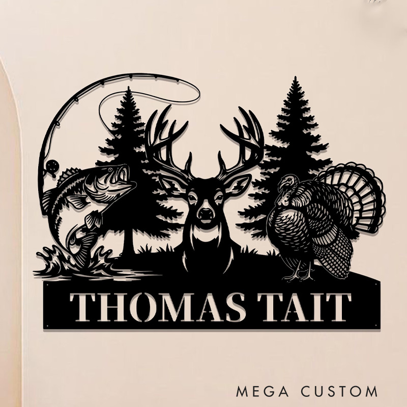 Personalized Hunting Name Metal Sign Custom Deer Turkey & Bass Fishing Wall Art Outdoor Hunting Decor Hunter Gift