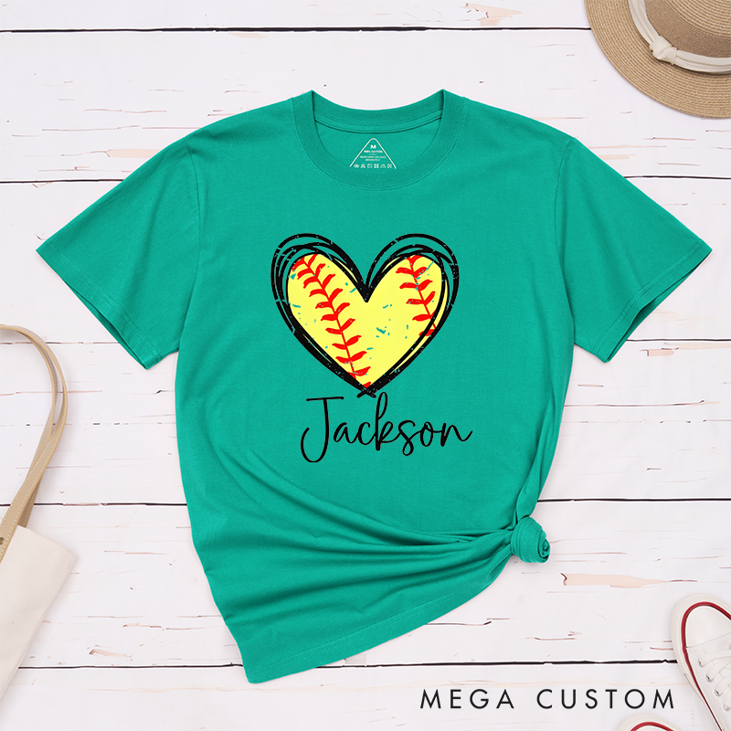 Personalized Softball Heart T-Shirt Design Featuring Custom Name and Vibrant Softball Stitching Graphic