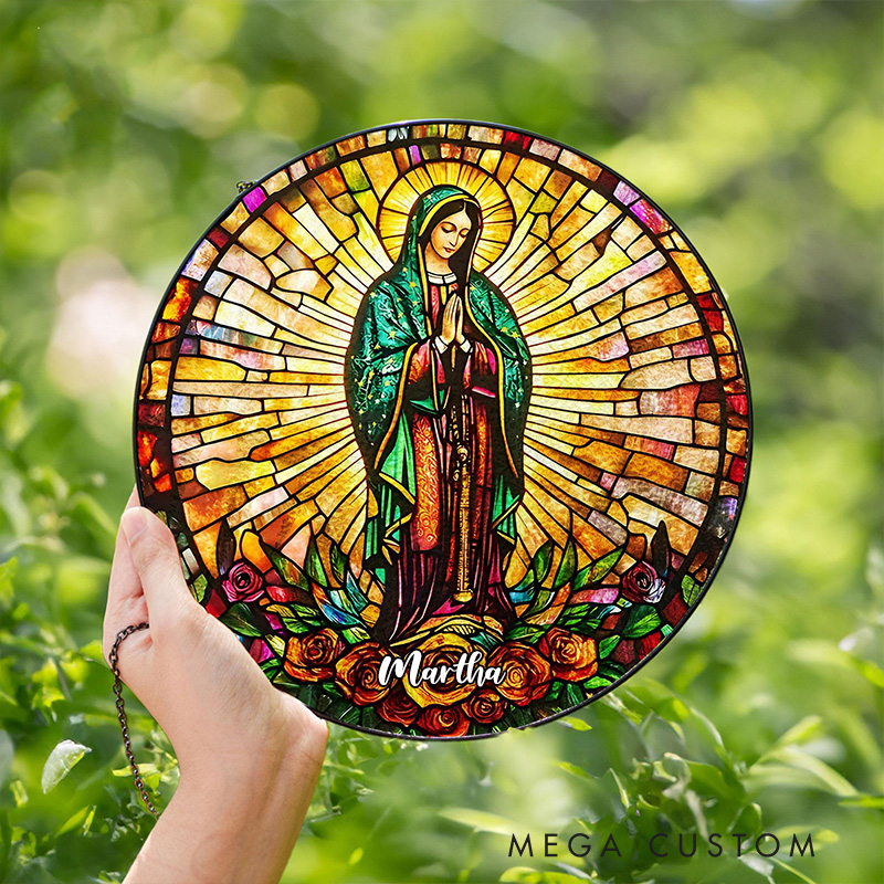 Personalized Our Lady of Guadalupe Stained Glass Suncatcher Ornament with Name Window Hanging Decor Virgin Mary Faux Stained Glass Art Catholic Gift