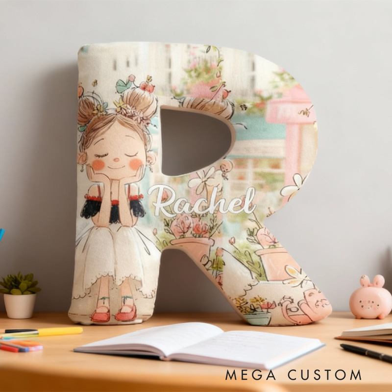Personalized Girl and Flower Alphabet Throw Pillow Garden Letter Pillow with Name for Kids Girl Boy Christmas Gifts Loving Room Decor