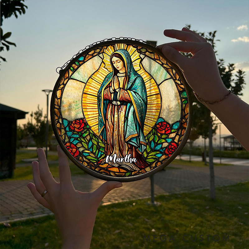 Personalized Our Lady of Guadalupe Stained Glass Suncatcher Ornament with Name Window Hanging Decor Virgin Mary Art Religious Gift Catholic Gift