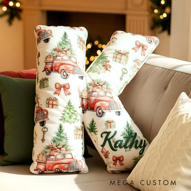 Personalized Christmas Initial Pillow Graphic 3D Print Christmas Truck Custom Name Pillow Festive Holiday Pillow Housewarming Gift Family Gift 
