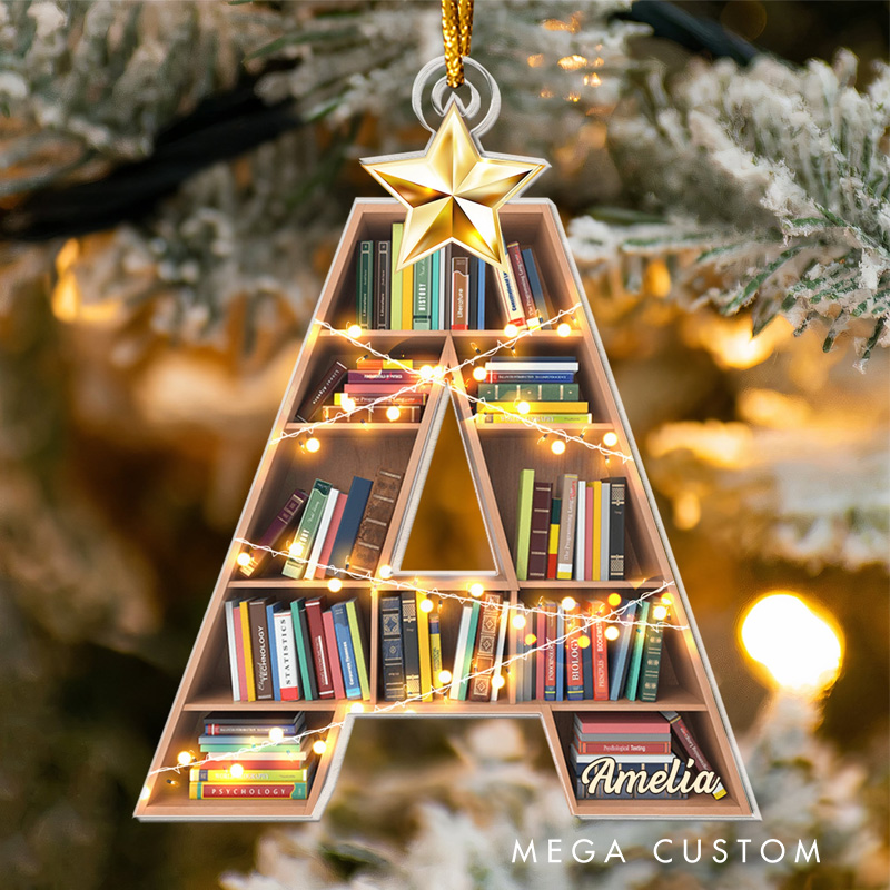 Personalized Bookshelf Acrylic Ornament with Name Bookish Letter Christmas Ornament Gift for Book Club Librarian Book Lovers