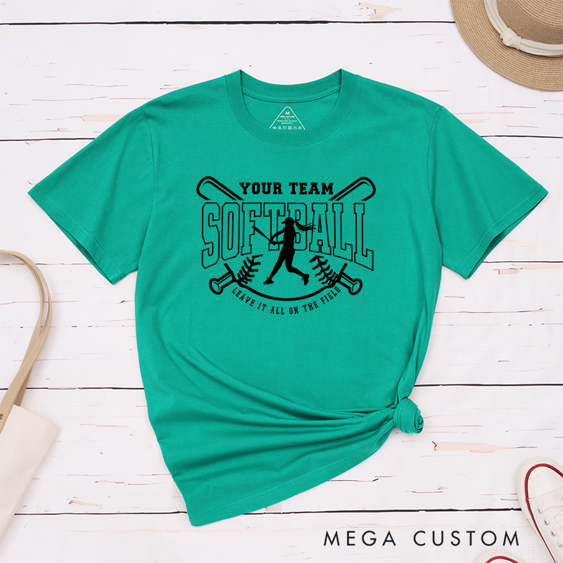Softball Team T-Shirt Featuring Customizable Team Name Player Silhouette and Motivational Slogan Design